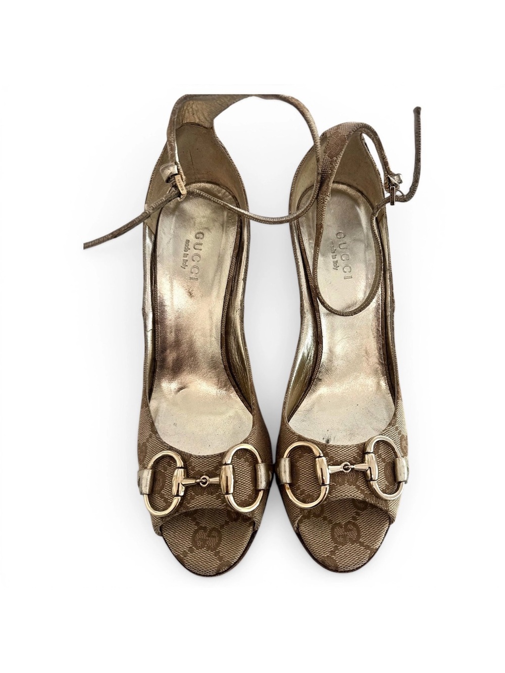 Gucci Metallic Gold Brown GG Canvas Horsebit Slingback Heels